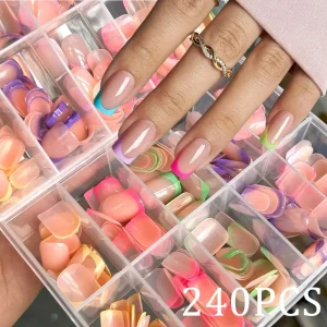 240PCS Candy Color French Tip. Short ,Square ,Pink/Green/Purple Full Cover Macarons Press On Nails .DIY Artificial Manicure