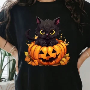 Halloween Black Cat Pumpkin Funny Spooky Kitty Women's T-Shirt,Print, Fashion Hip Hop