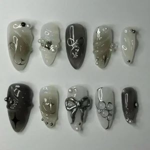 24Pcs False Nails. Spicy Girl Silver Bow with Diamond. Nails with Glue,Almond Press on Nails Black. Cool Y2k Almond Nail Set