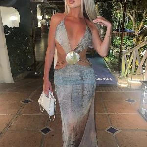 Sexy Pearl Shells Halter Dress. Womens Summer Trend Backless Waistless Deep v-Neck Skinny Long Bodycon Vestidos