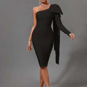 Bandage Dress. Black Bodycon Dress. Evening, Party Elegant, Sexy One Shoulder.