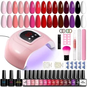 15 PCS Gel Nail Polish Set for Beginners 8ML Glitter Gel with Base Coat, Top Coat and Drying Lamp for Manicure Salon/Home Tools