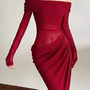 Nibber Mesh Sexy Dress Women 2025. Spring Patchwork. Mesh Elegant Slash Neck Ruched Fit Chic Party; Festival; Vacation, Vestidos