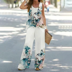 Simple Sleeveless Printed Vest Long Pants Set Women Summer Fashion Round Neck Casual T-Shirt Top Loose Pants Suit Clothes