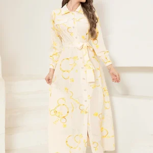 Elegant Long Sleeve Dress with Chain Print Design, Sash, Pocket - Sophisticated Collared Neck, Button Details